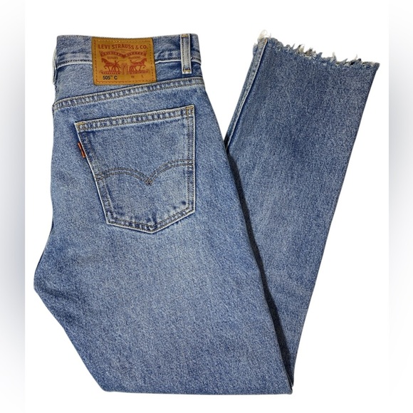 Levi's 505 Women’s Sz 29 Straight Leg Distressed Raw Hem Orange Tab Blue Jeans - Picture 2 of 11